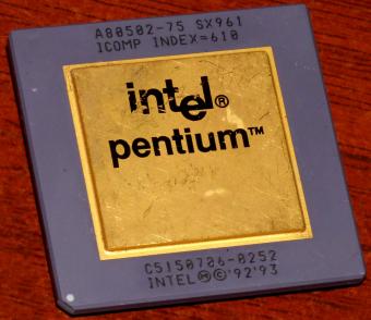 Intel Pentium 75MHz CPU A80502-75 sSpec: SX961 Icomp Index=610 Goldcap 1993