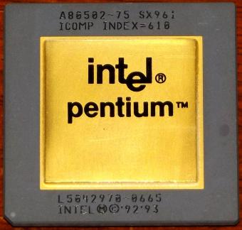 Intel Pentium 75MHz CPU Goldcap A80502-75 sSpec: SX961 Icomp-Index=610 Malay 1993