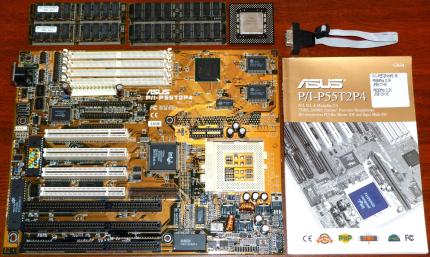 ASUS P/I-P55T2P4 Rev. 3.10 Mainboard, Intel Pentium MMX 200MHz CPU sSpec: SL27J, 64MB EDO RAM, 430HX Natoma/Triton II 512kB Cache, inkl. Handbuch, Award Bios 1997