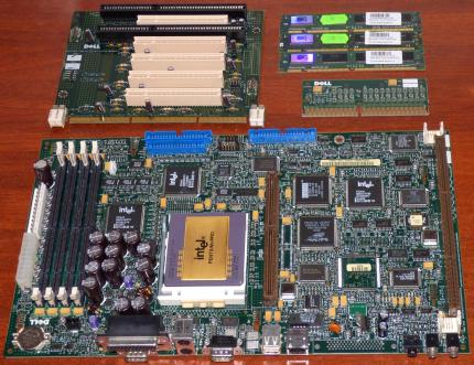 Dell Mainboard inkl. Intel Pentium Pro 200MHz CPU, PCISet SB82442FX, onBoard 3Com LAN & SoundBlaster ViBRA-16S, Sockel-8, inkl. 3x 32MB PC100 SDR-CL3 RAM, 00053086-12401-79F-000L, Award Bios 1995