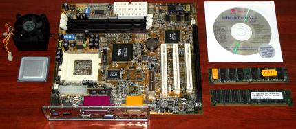 Trend Micro 5MMVP4 Mainboard mit AMD K6-2 450MHz CPU, 192MB RAM, VIA VT8501 / VT82C686A, Sockel 7, Award Bios 1998