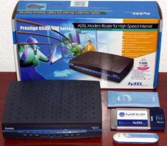 ZyXEL Prestige 650 HW Series ADSL Modem Router über ISDN U-R2 inkl. ZyAIR B-120 PCMCIA NIC & B-220 WLAN USB-Stick