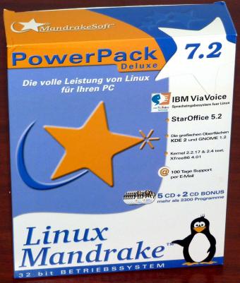 Mandrake Linux 7.2 PowerPack Deluxe (Odyssey) inkl. IBM Via Voice, KDE 2.0, Gnome 1.2, Kernel 2.2.17 auf 7CDs OVP 2000