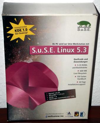 SuSE Linux 5.3 - Kernel 2.0.35, KDE 1.0, 5 CDs, 550 Seiten Handbuch, 1998