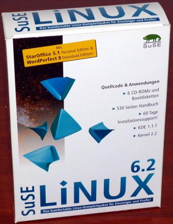 SuSE Linux 6.2 - KDE 1.1.1, Gnome 1.0, Kernel 2.2.10, 530 Seiten Handbuch, 6 CD-ROMs, OVP ISBN 3-930419-83-1