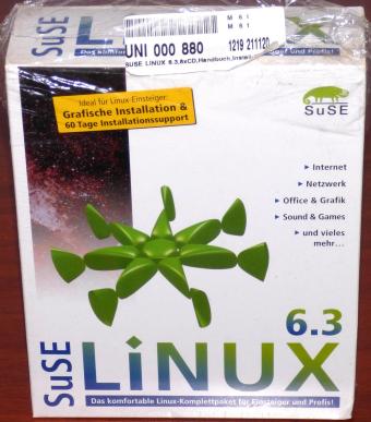 SuSE Linux 6.3 OVP 6 CDs, Kernel 2.2.13 KDE 1.1.2 XFree86 3.3.5 GNOME 1.0 inkl. Handbuch ISBN 3-930419-94-7