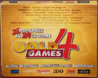 Gold Games 4 inkl. 21 Top-Spiele auf 24 CD-ROMs 3-D Ultra Pinball: The Lost Continent, Caesar II, Conflict: Freespace, Diablo, Die By The Sword, Fallout, Fallout 2, Knights and Merchants CD fehlt, Leisure Suit Larry 7: Yacht nach Liebe!, M.A.X. 2, Might and Magic 6: The Mandate of Heaven, Pandemonium 2, Police Quest: SWAT 2, Pro Pilot Europe, Rayman, Redline Racer, Robo Rumble, S.C.A.R.S., DSF Fußballmanager 1998, Uprising 2: Lead and Destroy, V2000 Blizzard/Sierra/TopWare/3DO/Interplay/Ubi Soft 1999