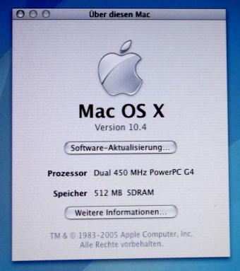 Apple iMac G4 Dual 450MHz PowerPC-CPU, 512MB RAM, Samsung SpinPoint SP1213N 120GB HDD, Matshita DVD-ROM SR-8585, Iomega ZIP 100 ATAPI, ATI Rage 128Pro 16MB VGA & DVI Grafikkarte, Modem, Soundkarte, Firewire, SCSI-Karte