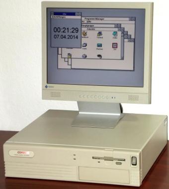 Compaq ProLinea 4/33S Series 3063, on-Board Intel i486 SX-25 (sSpec: SX683) & gesockelt 486-DX2SL 66MHz CPU, 16MB PS/2 RAM, Conner CFS540A IDE 540MB HDD, Tseng Labs ET4000/W32 on-Board Grafik &