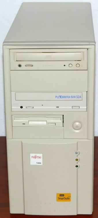 Fujitsu T-Bird PC, VX Pentium TR10 Mainboard, AMD K6 166MHz CPU, 48MB RAM, Fujitsu MPC3084AT 8,4GB & M1623TAU 1,6GB HDD, Plextor 8/4/32A PlexWriter, Aztech CDA86801ISE 8x CD-ROM, Guillemot Maxi Gamer Phoenix 3Dfx Voodoo Banshee PCI-Grafikkarte, Aztech MM-Pro 16-IIIs PnP ISA-Soundkarte, Award Bios 1997